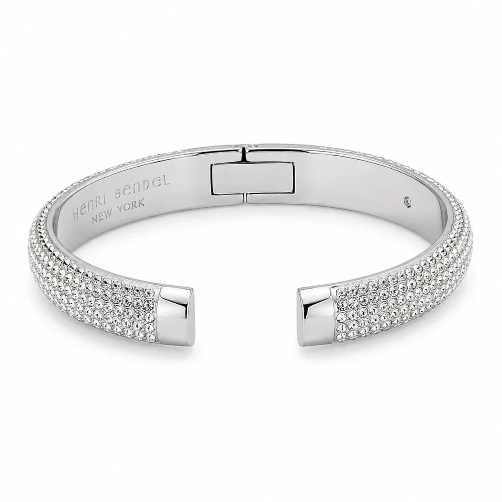 Henri Bendel New York TUX Crystal Pavé Silver Tone Hinged Cuff Bracelet NWT